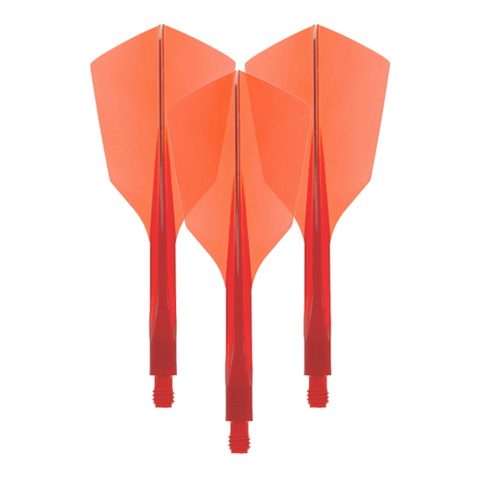 Das Bild zeigt drei rote Dartflights aus Kunststoff mit schmaler Form. Es handelt sich um das Produkt "Condor Axe 120 Flight-System Clear Red - Narrow".