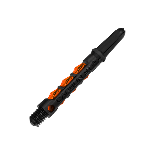 HR429_Harrows_Carbon_ST_Shafts_Orange_40mm_2 Das Bild zeigt einen Harrows Carbon ST Shaft in Orange. Der Schaft hat ein modernes Design mit schwarzen und orangefarbenen Elementen.