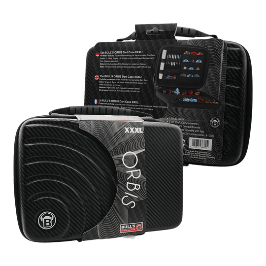 Bulls Orbis XXL dart case - carbon gray Das Bild zeigt das Produkt "Bulls Orbis XXL Dartcase - Carbongrey" in schwarzer Carbon-Optik. Das Dartcase ist groß und bietet Platz für mehrere Dart-Sets und Zubehör.