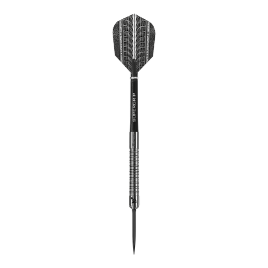 Harrows Supergrip 90 Quick Point Steel Darts Das Foto zeigt den Harrows Supergrip 90 Quick Point Steeldarts. Der Dart wird seitlich präsentiert.