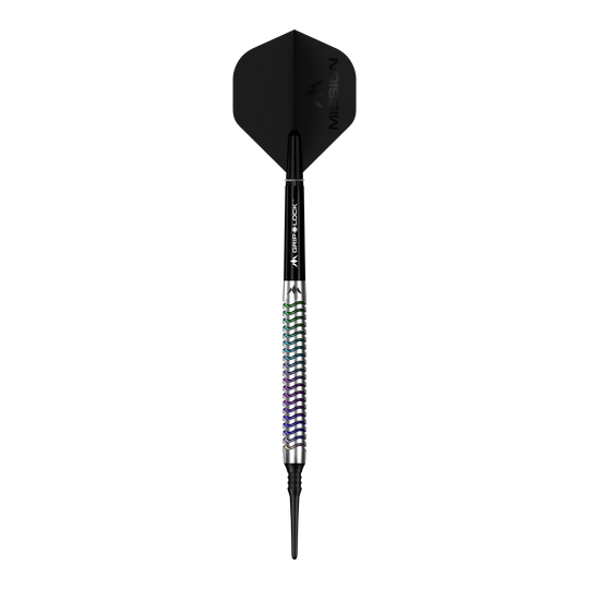 Hier ist ein Mission Mirage Softdarts - 20g abgebildet. Das Bild hebt die Details des Softdarts hervor.