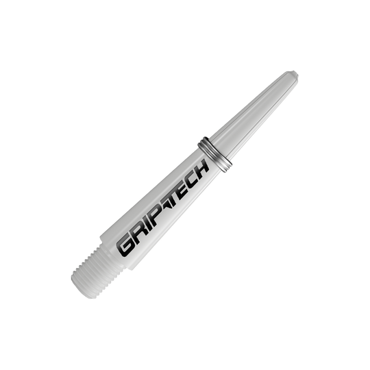 GOAT Griptech Shafts - White Das Bild zeigt einen weißen Dart-Schaft mit der Aufschrift "GRIPTECH". Der Schaft hat ein Gewinde an einem Ende und einen silbernen Ring in der Mitte.