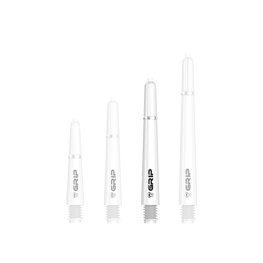 Auf dem Bild sind vier weiße Dartschäfte des Modells „Bulls B-Grip-2 SL Shafts“ in unterschiedlichen Längen zu sehen. Die Schäfte haben ein schlichtes Design mit schwarzer Aufschrift „GRIP“.