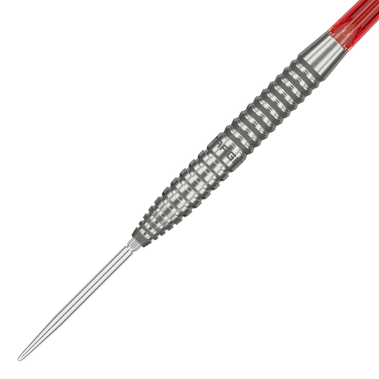 Target Group O 02 Swiss Points Steel Darts Das Bild zeigt das Target Group O 02 Swiss Points Steeldarts Set. Die Schäfte und Spitzen sind gut zu sehen.