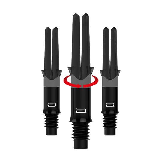 Das Bild zeigt ein Set von schwarzen, geraden Dartshafts ohne Kappen. Die Datei heißt L-Style_L-Shafts_Silent_Straight_Schwarz_OhneKappen_26mm_1Set_Symbol.