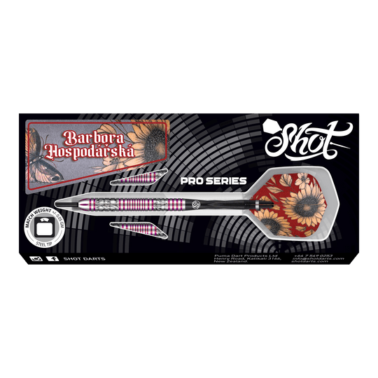 Das Bild zeigt das Produkt "Shot Pro Series Barora Hospodarska Steeldarts - 23g". Die Darts haben ein auffälliges Design mit Blumenmuster und sind für professionelle Spieler geeignet.