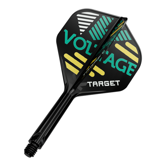 Auf dem Bild ist ein Dart-Flügel mit Schaft zu sehen. Auf dem schwarzen Flügel steht in grüner und gelber Schrift „VOLTAGE“ und „TARGET“.
