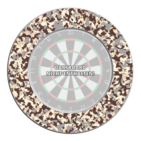 Hier ist ein Dartboard-Surround im Wüstendesign abgebildet. Es dient zum Schutz der Wand und verleiht dem Spielbereich einen besonderen Stil.