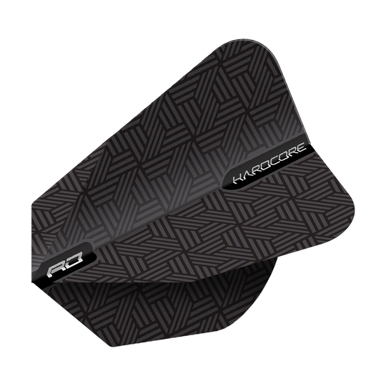 TF6849_Red_Dragon_Black_V-Standard_Flights_2FVVHaDh08ystR Das Bild zeigt das Produkt "Red Dragon Black V-Standard Flights". Die Dartflights sind schwarz mit einem geometrischen Muster und weißen Schriftzügen.