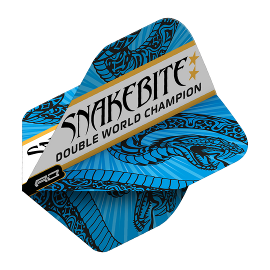 Das Bild zeigt ein Dart-Flight mit blau-weißem Schlangenmuster. Auf dem Flight steht "Snakebite Double World Champion".
