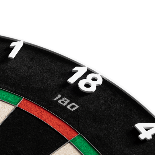 Precise 180 Endorphine Steel Dartboard with Numbered Ring - Classic White Das Precise 180 Endorphine Steeldartboard mit Nummernring in Weiß ist auf dem Bild zu erkennen. Die hochwertige Steeldartscheibe eignet sich für den professionellen Einsatz.