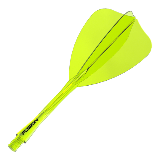 Das Bild zeigt ein Winmau Fusion Flight Shaft System in Neon-Gelb mit einer Länge von 34mm. Es ist ein Zubehörteil für Darts-Spieler und dient als Schaft für Dartpfeile.