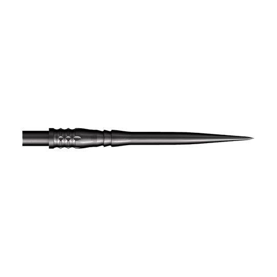 Shot Cone Rocket Steel Dart Tips - Black - 35mm Das Bild zeigt eine schwarze Steeldart-Spitze mit einer Länge von 35 mm. Die Spitze hat ein schlankes, spitz zulaufendes Design und strukturierte Rillen am Schaft.