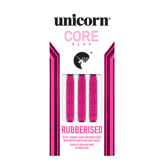Das Bild zeigt eine Packung der "Unicorn Core Plus Rubberised Pink Softdarts - 19g". In der Verpackung befinden sich drei pinke, gummierte Softdarts.