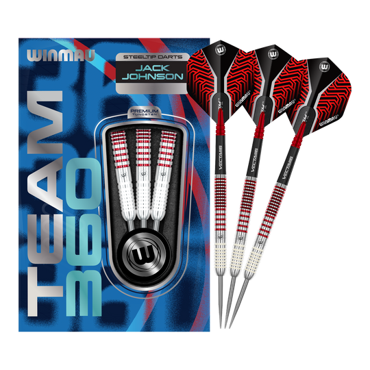 Das Bild zeigt das komplette Set der Winmau Team 360 Jack Johnson Steeldarts mit 24g. Die Steeldarts sind für präzises Werfen entwickelt.