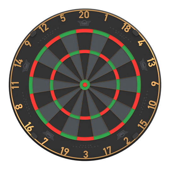 Das Bild zeigt ein BullsNL Advantage Black Edition Steeldartboard. Es handelt sich um ein Produktbild des Dartboards.