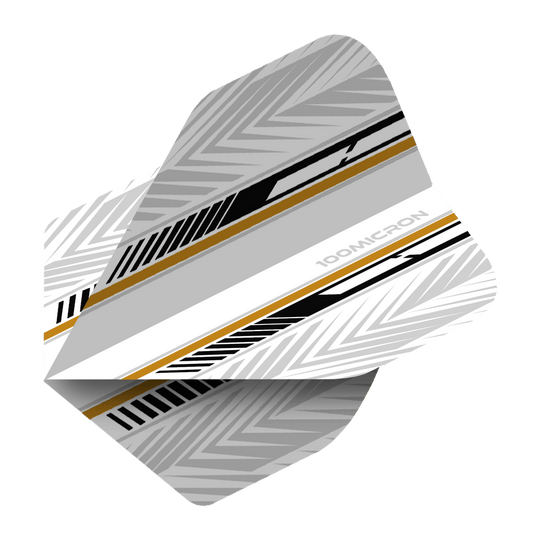 Pentathlon Flights white/black/gold Das Bild zeigt ein Dartflight mit einem modernen Design in Weiß, Schwarz und Gold. Die Oberfläche ist mit geometrischen Mustern und Streifen verziert.