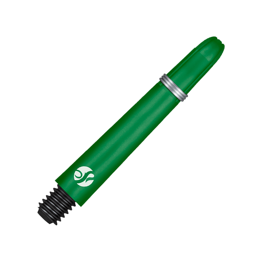 Shot Koi Carbon Shafts - Green Das Bild zeigt einen grünen Carbon-Schaft mit einem Metallring und einem schwarzen Gewinde am Ende. Auf dem Schaft befindet sich ein weißes Logo.