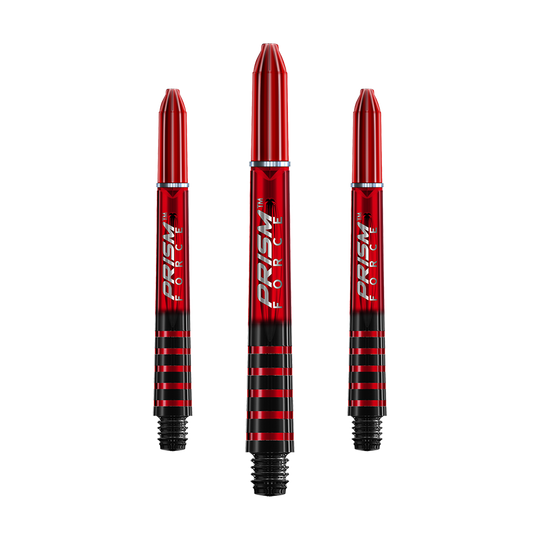 7020-404_Winmau_Prism_Force_Shafts_Rot_41mm_1 Das Bild zeigt drei rote Winmau Prism Force Shafts für Darts. Die Shafts haben ein schwarzes Streifenmuster und den Schriftzug "Prism Force" in Weiß.