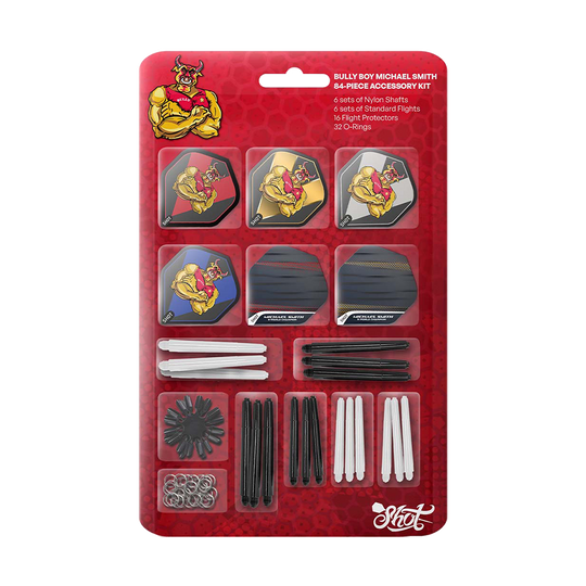 Shot Michael Smith Accessory Kit - 84 pieces Das Bild zeigt das "Shot Michael Smith Accessory Kit - 84 Teile" für Darts. Das Set enthält Flights, Shafts, Flight Protectoren und O-Ringe in verschiedenen Farben und Designs.