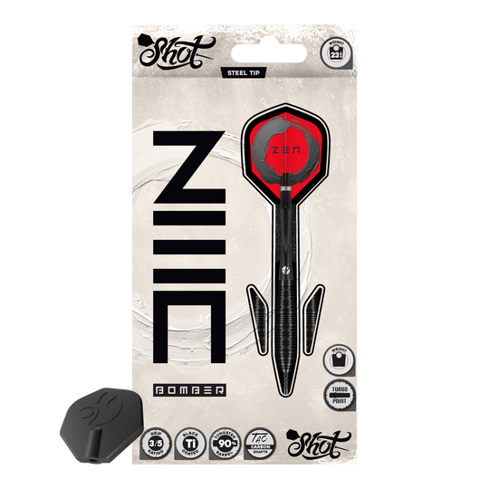 Abgebildet ist das Produkt Shot ZEN Bomber Turbo Point Steeldarts. Dieser Dartpfeil wird für das Steeldartspiel verwendet.