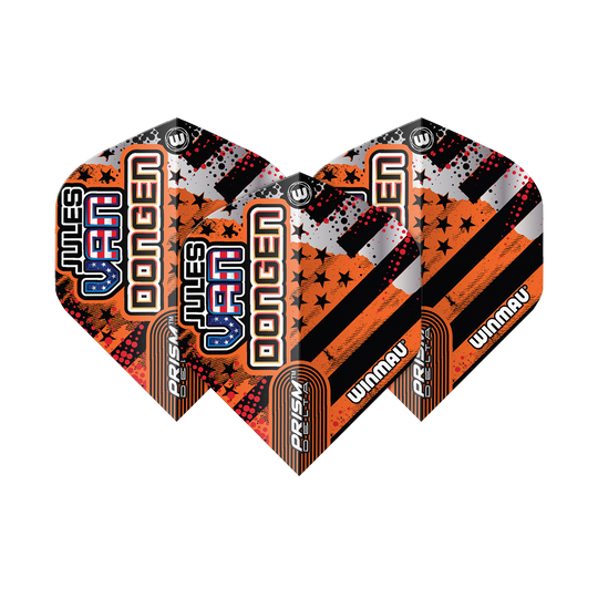 Das Bild zeigt drei Dartflights des Modells "Winmau Prism Delta Jules Van Dongen Standard Flights". Die Flights sind in Schwarz, Orange und Silber gestaltet und tragen den Namen "Jules Van Dongen".