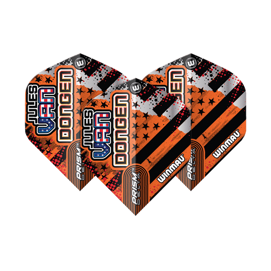 Winmau Prism Delta Jules Van Dongen Standard Flights Das Bild zeigt drei Dartflights des Modells "Winmau Prism Delta Jules Van Dongen Standard Flights". Die Flights sind in Schwarz, Orange und Silber gestaltet und tragen den Namen "Jules Van Dongen".