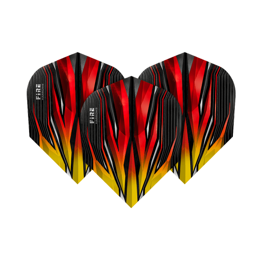 HR3_Harrows_Fire_Two-Tone_Standard_Flights_1TKyLXmeLByCmQ Das Bild zeigt drei Harrows Fire Two-Tone Standard Flights für Dartpfeile. Die Flights sind in auffälligen Rot-, Gelb- und Schwarztönen gestaltet und haben ein modernes, flammenartiges Design.