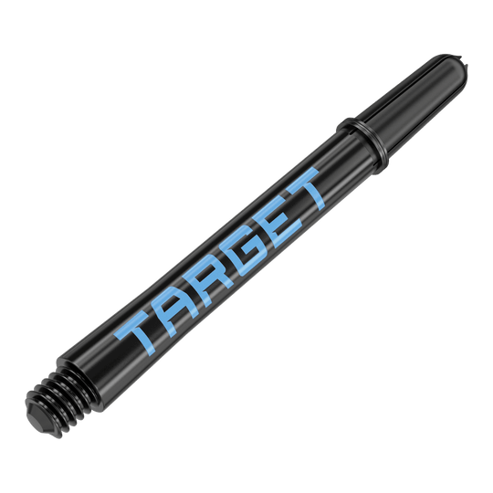 Target Pro Grip TAG Shafts - 3 Sets - Black Blue Das Bild zeigt einen schwarzen Dart-Schaft mit blauer Schrift, auf dem "TARGET" steht. Der Schaft hat ein Gewinde am Ende zur Befestigung am Dartpfeil.