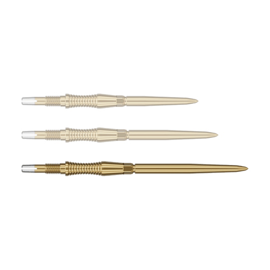 Target Swiss Point Dart Tips Signature RST - Gold Das Bild zeigt eine Target Swiss Point Dartspitze Signature RST in Gold, 42mm. Diese Dartspitze ist länglich und für professionelle Anwendungen konzipiert.