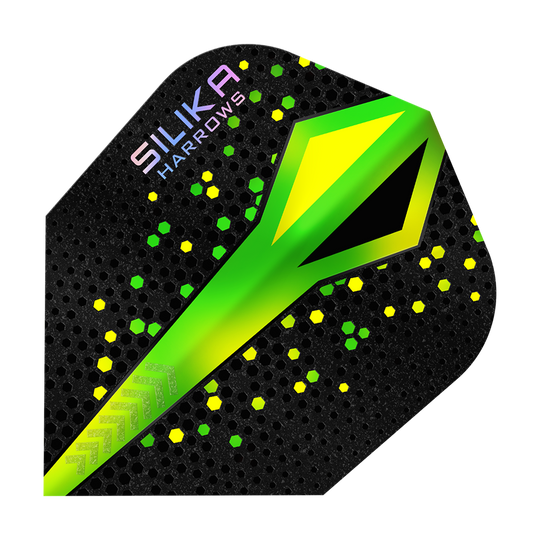 Harrows Silika Colorshift Tough Crystalline Coating Green No6 Flights Harrows Silika Colourshift Tough Crystalline Coating No6 Flights werden ausgestellt. Das Bild zeigt detailreich die spezielle Oberflächenstruktur.