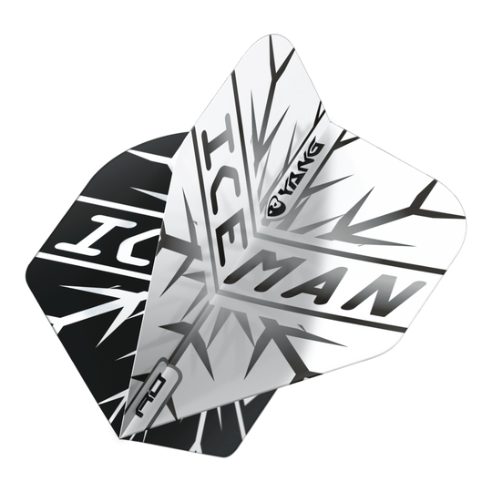 Das Bild zeigt zwei Dartflights in Schwarz und Weiß mit dem Schriftzug "ICEMAN" und einem auffälligen Eismuster. Auf den Flights ist zudem das Wort "Yin Yang" zu sehen.