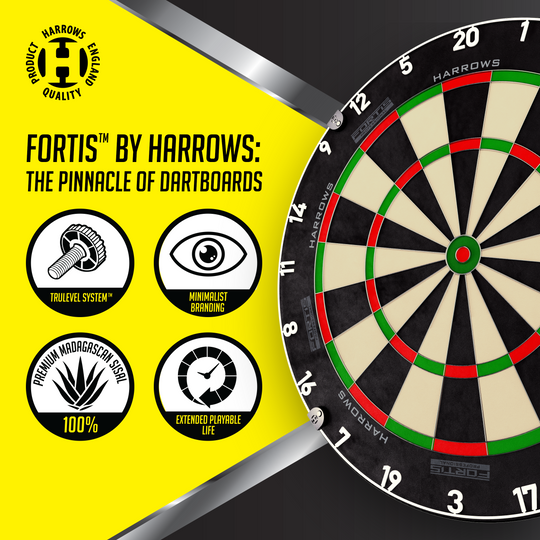 Das Foto zeigt ein Harrows Fortis Steeldartboard. Es ist für professionelle Dartspieler geeignet.