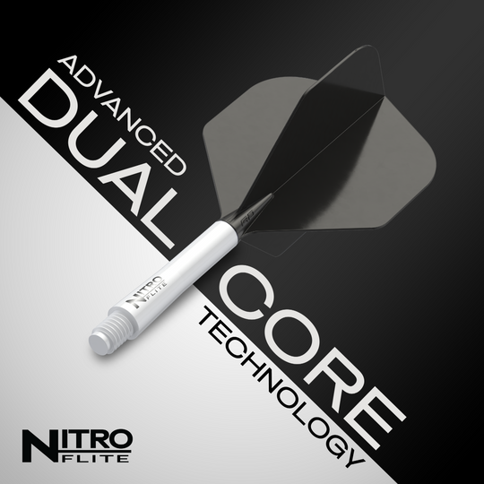 Das Bild zeigt das Produkt „Red Dragon Nitroflite – Weißer Schaft, schwarze No2 Flights“. Im Hintergrund steht in großen Buchstaben „Advanced Dual Core Technology“.