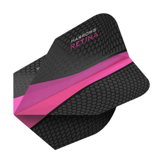 HR5511_Harrows_Retina_Pink_No2_Standard_Flights_2 Das Bild zeigt ein Dartflight mit dem Namen "Harrows Retina Pink No6 Flights". Das Flight ist überwiegend schwarz mit einem pinken Streifen und einem modernen Muster.
