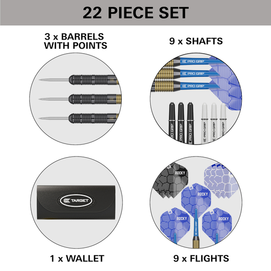 Target Josh Rock Brass Steel Darts - 22g Das Bild zeigt ein 22-teiliges Set von Target Josh Rock Brass Steeldarts - 22g. Es enthält 3 Barrels mit Spitzen, 9 Shafts, 9 Flights und ein Wallet.