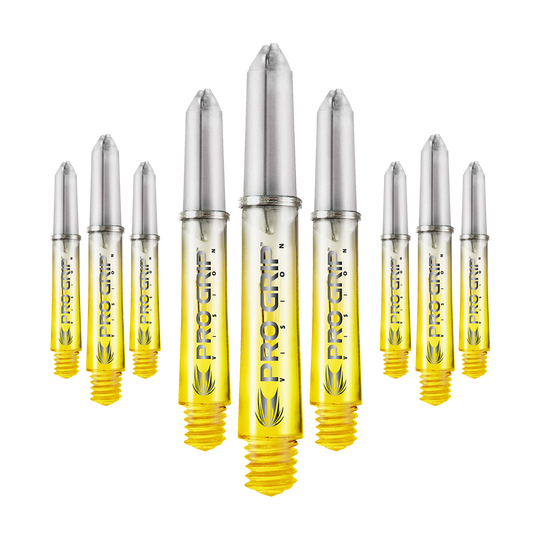 Target Pro Grip Vision Shafts - 3 Sets - Yellow Das Bild zeigt neun gelbe Dartschäfte mit silberfarbenen Spitzen, auf denen "PRO GRIP VISION" steht. Sie sind in einer leicht gebogenen Reihe angeordnet.