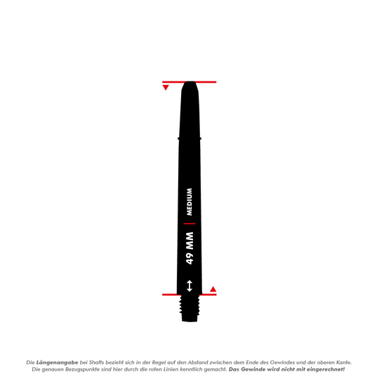 Das Bild zeigt ein Produkt namens "Rockstar Shafts - 49mm". Der Schaft wird als mittellang (Medium) mit einer Länge von 49 mm dargestellt.