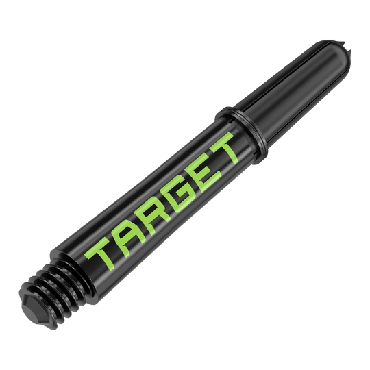 Target Pro Grip TAG Shafts - 3 Sets - Black Green Zwei Dart-Schäfte desselben Designs liegen nebeneinander. Die solide Ausführung fällt auf.