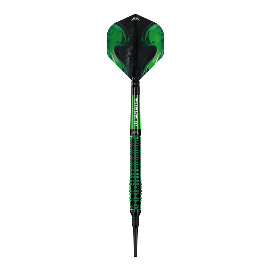 Das Bild zeigt einen Softdart namens "Mission Venom Softdarts - 20g". Der Dart ist überwiegend schwarz und grün gestaltet und hat ein auffälliges, modernes Design.