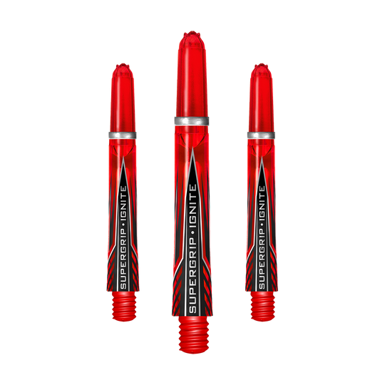 Das Bild zeigt drei rote Harrows Supergrip Ignite Shafts für Dartpfeile. Auf jedem Shaft steht der Schriftzug „SUPERGRIP IGNITE“.