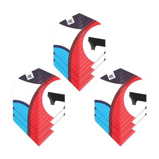 Das Bild zeigt drei Sätze Target Pro Ultra Chicane Blue No2 Standard Flights für Dartpfeile. Die Flights haben ein auffälliges Design in Blau, Rot, Schwarz und Weiß.