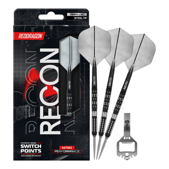 Red Dragon Recon Parallel Steeldarts Das Bild zeigt die Red Dragon Recon Parallel Steeldarts in voller Länge. Die Steeldarts haben ein modernes Design.
