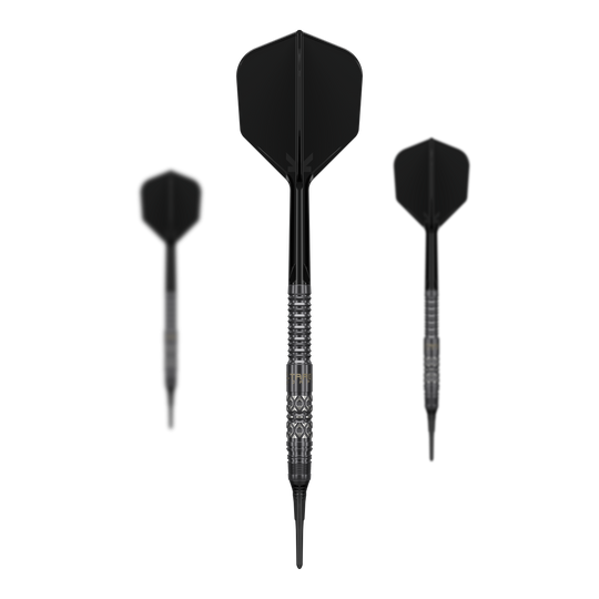 Target Black Marque Creed Soft Darts - 21.5g Dieses Bild zeigt das Set der Target Black Marque Creed Softdarts mit 21,5g. Mehrere Komponenten des Dartsets sind deutlich erkennbar.