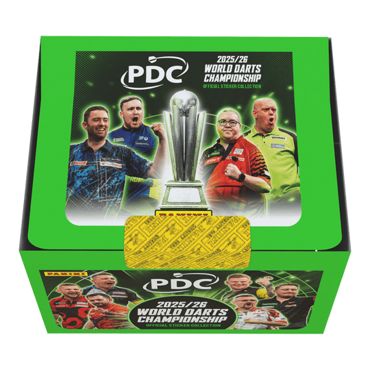 Panini PDC World Darts Championship 2025/26 - Sticker box with 65 packs Die Panini PDC World Darts Championship 2025/26 Stickerbox mit 65 Tüten ist zu sehen. Das Bild gibt einen Überblick über die Verpackung und den Inhalt der Box.