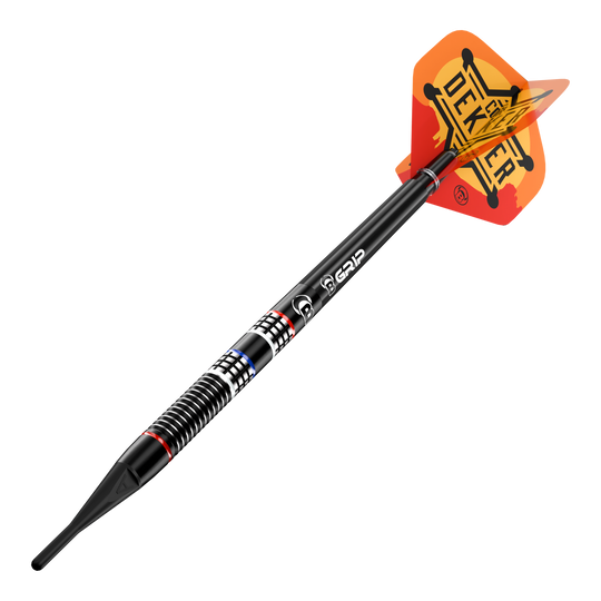 Dies ist ein Bild der Bulls Cor Dekker The Sheriff Softdarts - 20g. Das Produkt wird deutlich von der Seite gezeigt.