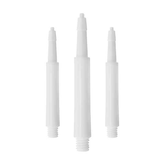 HRC12619W_Harrows_Clic_Standard_Shafts_Weiss_37mm_1 Das Bild zeigt drei weiße Harrows Clic Standard Shafts für Darts. Sie sind nebeneinander auf weißem Hintergrund angeordnet.