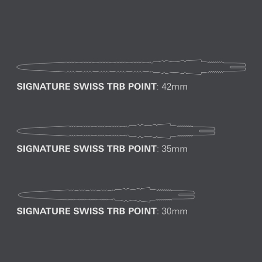 Target Signature Swiss Point TRB Steeldartspitzen in Schwarz. Hier sind die Dartspitzen aus einer anderen Perspektive abgebildet.