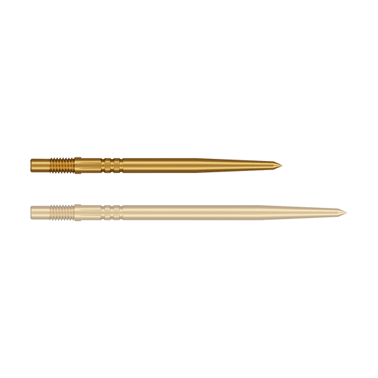 Shot Turbo Point Dart Tips - Gold Eine einzelne, goldfarbene Dartspitze mit glatter Oberfläche ist zu sehen. Sie hat ein filigranes Design.