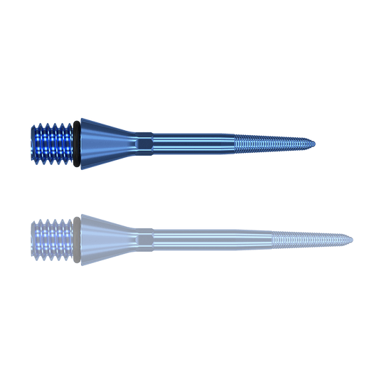 380164_Target_Titanium_Swiss_Point_Nano_Conversion_Points_Blau_26mm_1rGEcNdNlUMbz7 Das Bild zeigt zwei blaue, spitze Metallteile mit Gewinde an einem Ende. Sie liegen parallel zueinander auf weißem Hintergrund.